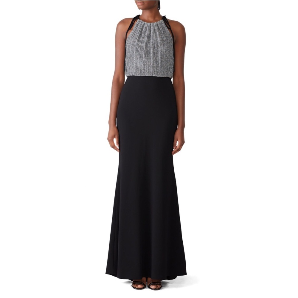 Badgley Mischka Metallic Combo Pleated Halter Gown